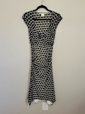Vintage Y2K Black White Polka Dot Midi Dress Size Small Ruched Waist Mesh